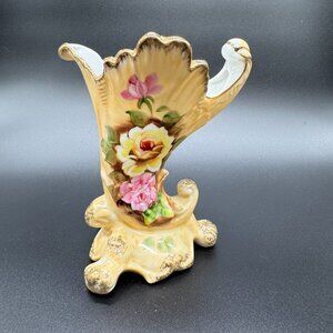 Vintage 1960s Porcelain Cornucopia Vase Floral Design Hand Painted JAPAN